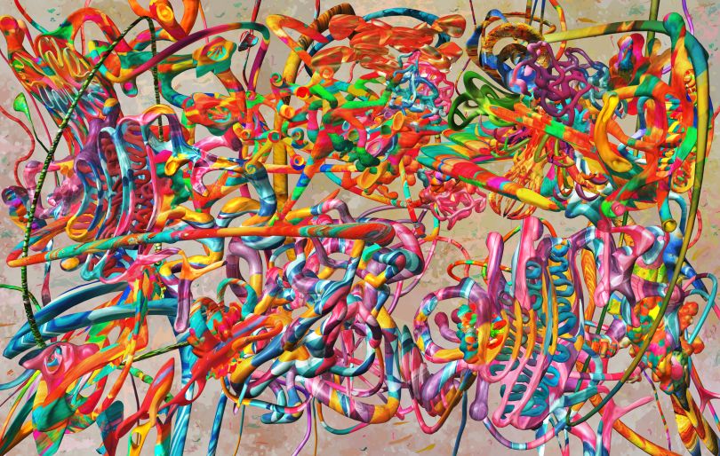 Komposisi kompleks yang penuh warna dari seniman Jepang Ryota Matsumoto merujuk pada perubahan masyarakat