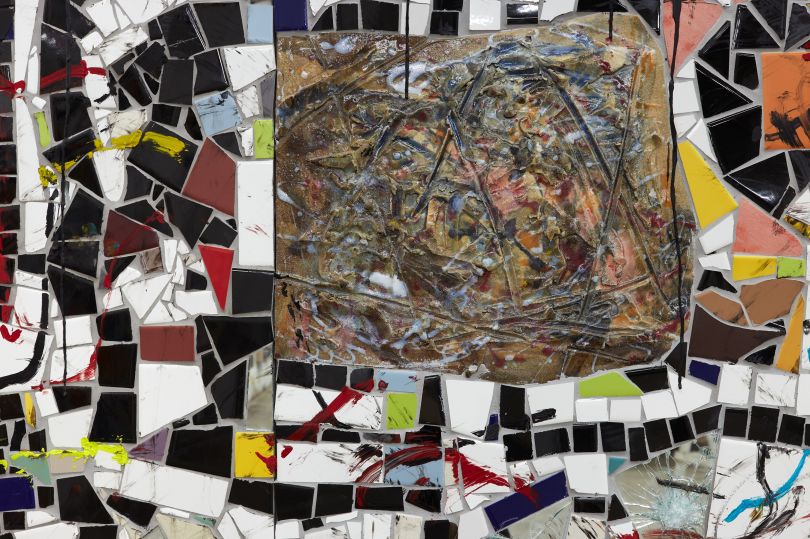 Rashid Johnson Broken Crowd (detail) 2020 Ceramic tile, mirror tile, spray enamel, oil stick, black soap, wax 294.6 x 491.5 x 7.6 cm Photo: Martin Parsekian