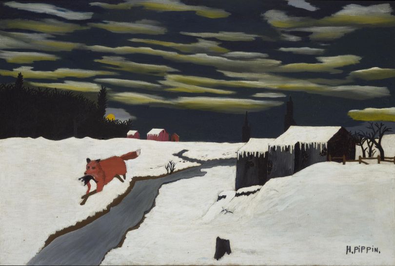 The Getaway, 1939, by Horace Pippin, American, 1888 - 1946. Oil on canvas, 24 5/8 x 36 inches. Philadelphia Museum of Art: Bequest of Daniel W. Dietrich II, 2016-3-3
