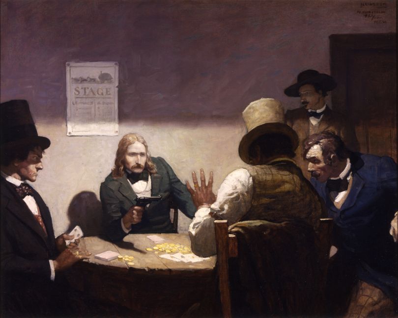 N. C. Wyeth (1882-1945), The man with the hatful of cards picked a hand out of his reserves, put the hat on his head and raised Bill a hundred. Bill came back with a raise of two hundred, and as the other covered it he shoved a pistol into his face observing: 