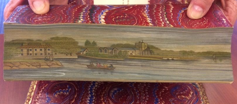 A two-way double fore-edge painting from The Book of The Thames (1859), slanted one way |  Photo courtesy of [The Swem Library](https://libraries.wm.edu/research/special-collections/books-periodicals/ralph-h-wark-collection)