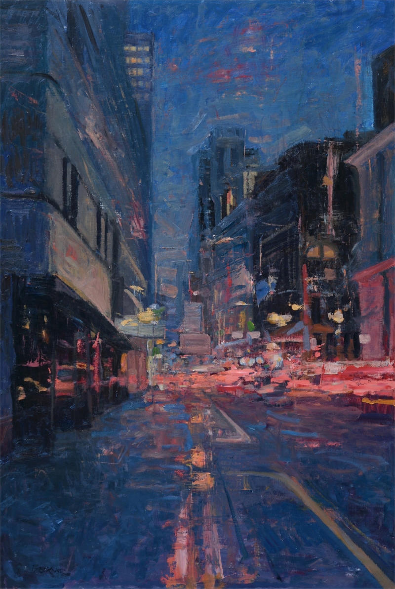 Jim Beckner captures the buzz of city life through his energetic oil
