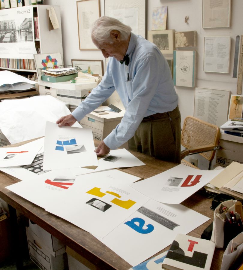 Jack Stauffacher at his Greenwood Press studio with prints from Vico Wooden Letters, 2003. Photograph Dennis Letbetter