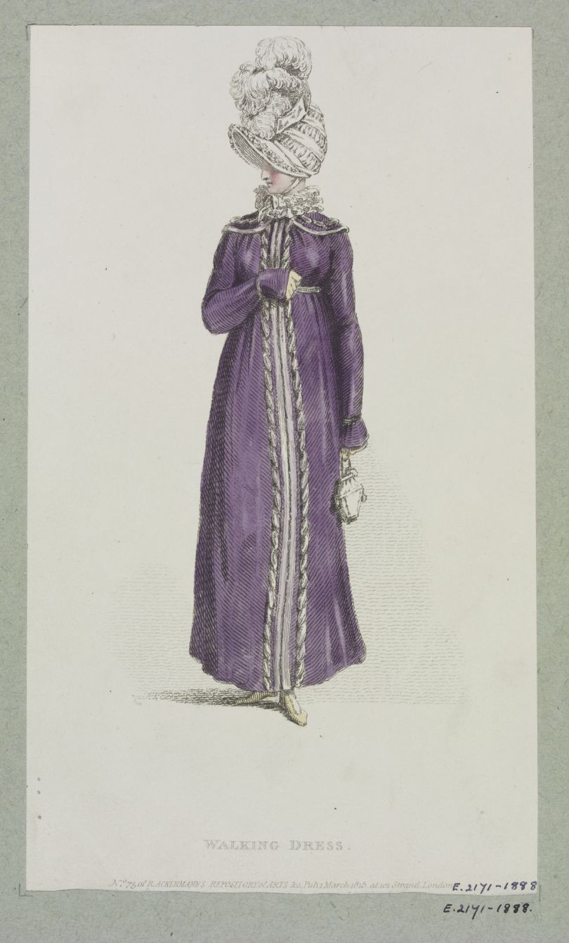 Fashion plate showing lady’s walking dress from R. Ackermann’s Repository of Arts, 1 March 1815, England (c) Victoria and Albert Museum, London