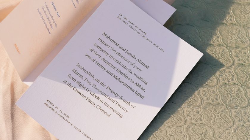 Wedding invites inspired by Mughal miniature paintings and Pulp Fiction