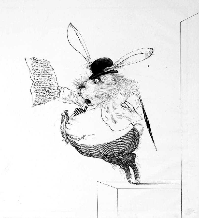 Original drawing for Alice in Wonderland of the White Rabbit, 1967 © Ralph Steadman Art Collection, 2019. All rights reserved.