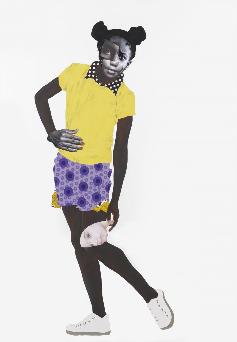 Deborah Roberts, ‘The burden’, 2019. Mixed media collage on linen, 165 x 114.3cm (65 x 45in). Copyright Deborah Roberts. Courtesy the artist and Stephen Friedman Gallery, London