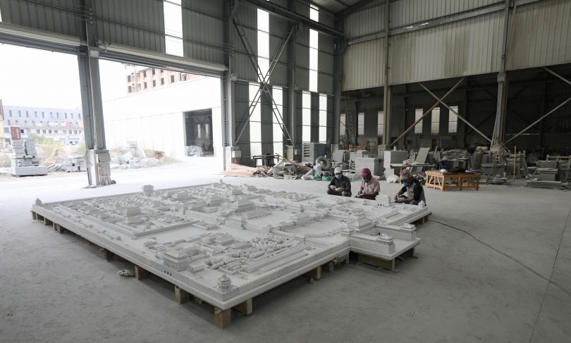 Production of the alabaster model for Sleepwalking in the Forbidden City: After the Fireworks in Quanzhou, China in 2020. Photo by Guosheng Cai