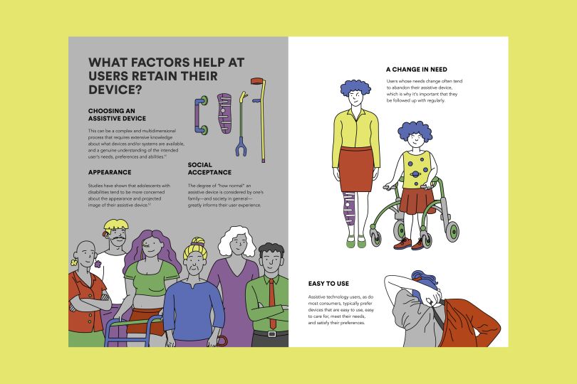 A spread from the Open Style Lab journals features assistive devices and disabled characters who use them.