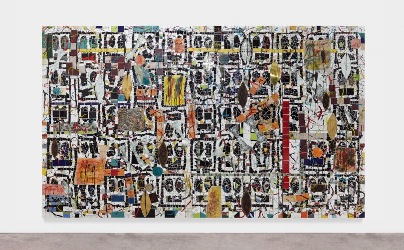 Rashid Johnson Broken Crowd 2020 Ceramic tile, mirror tile, spray enamel, oil stick, black soap, wax 294.6 x 491.5 x 7.6 cm