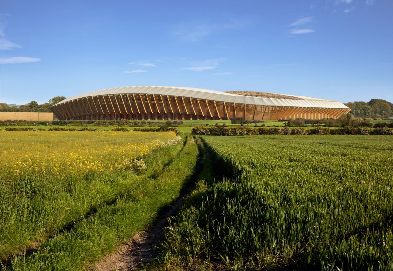 Forest Green Rovers Stadium (2016) rendered by MIR, courtesy of Zaha Hadid Architects
