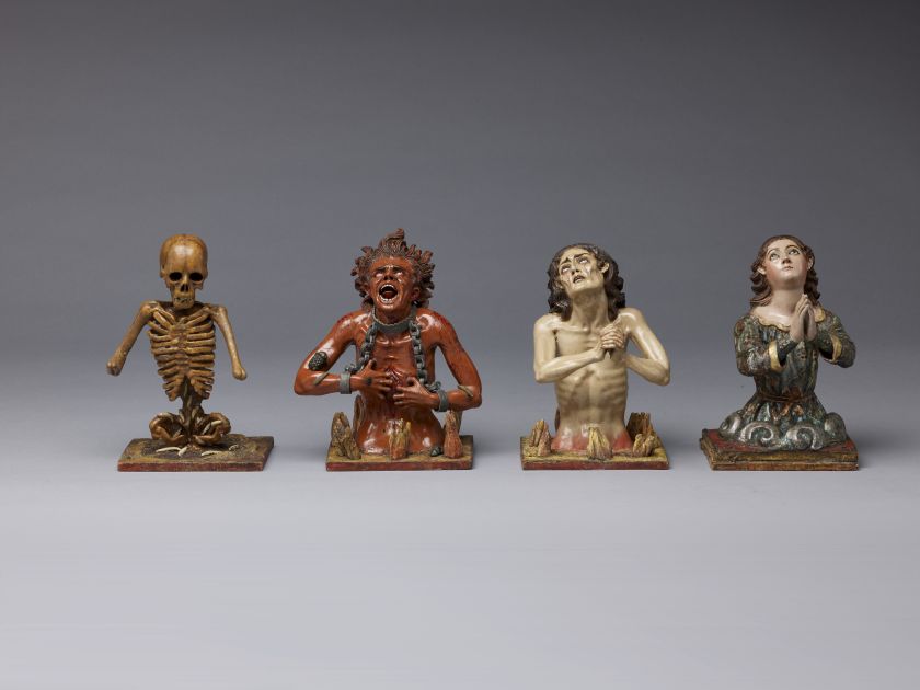 Attributed to Manuel Chili, called Caspicara, The Four Fates of Man: Death, Soul in Hell, Soul in Purgatory, Soul in Heaven, Ecuador c. 1775. On loan fromThe HIspanic Society of America, New York, NY. 'Spain and the Hispanic World: Treasures from the Hispanic Society Museum & Library' exhibition at the Royal Academy of Arts, London (17 January - 10 April 2023). Photo: © Royal Academy of Arts, London / David Parry