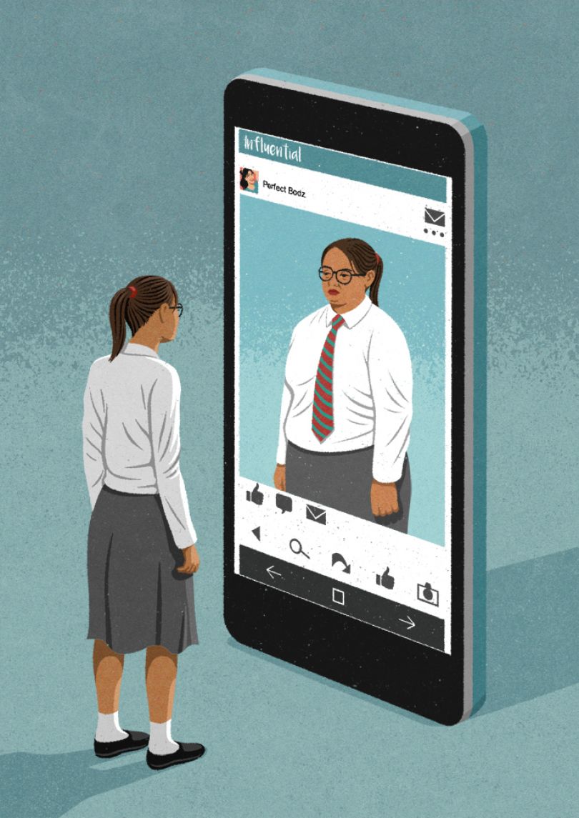 Illustration about how some social media pages can have a negative influence on teenagers’ self esteem, giving them a false impression of what is normal in body shape. Reports say that this can lead to depression, anxiety is some cases anorexia © John Holcroft