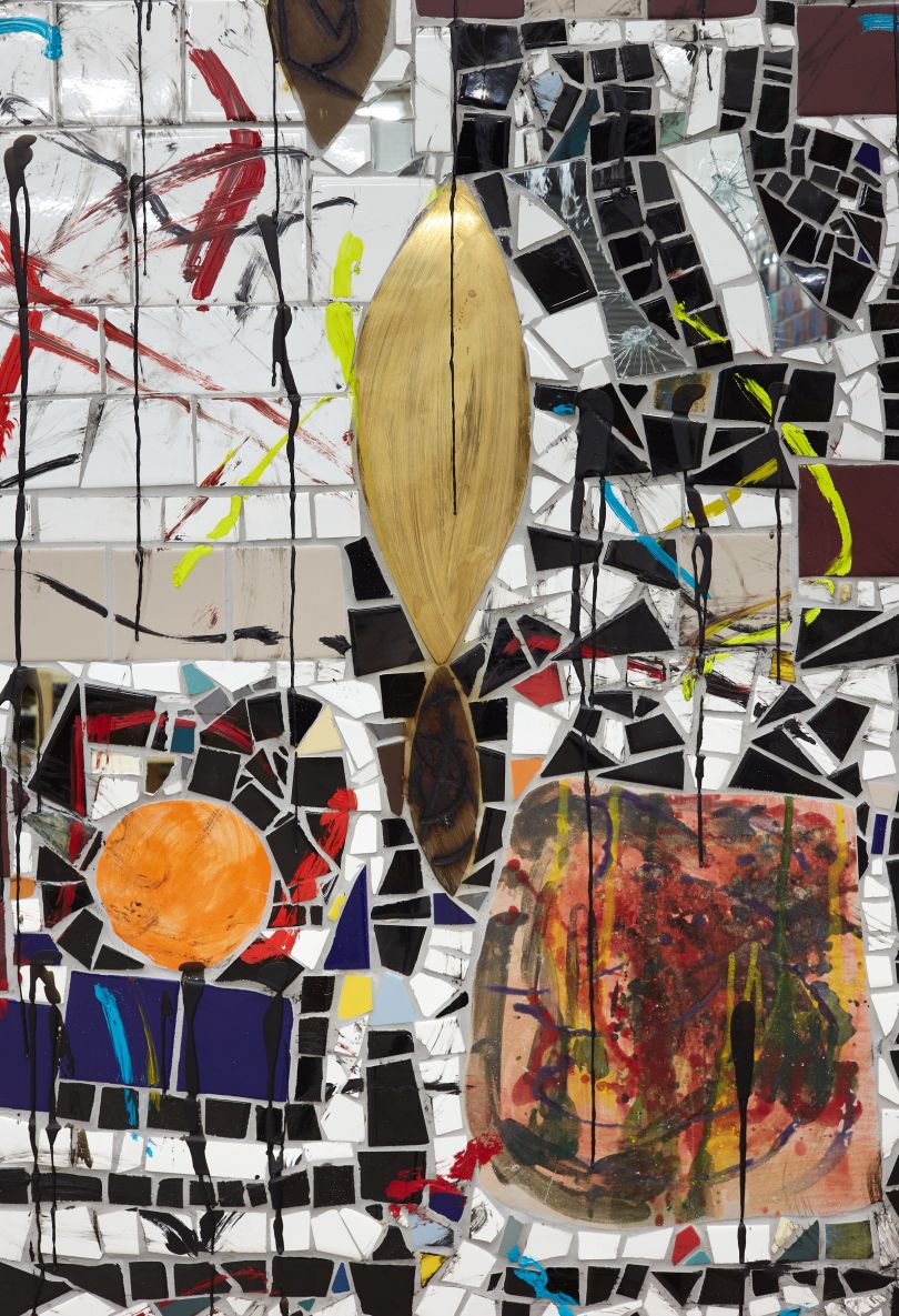 Rashid Johnson Broken Crowd (detail) 2020 Ceramic tile, mirror tile, spray enamel, oil stick, black soap, wax 294.6 x 491.5 x 7.6 cm  Photo: Martin Parsekian
