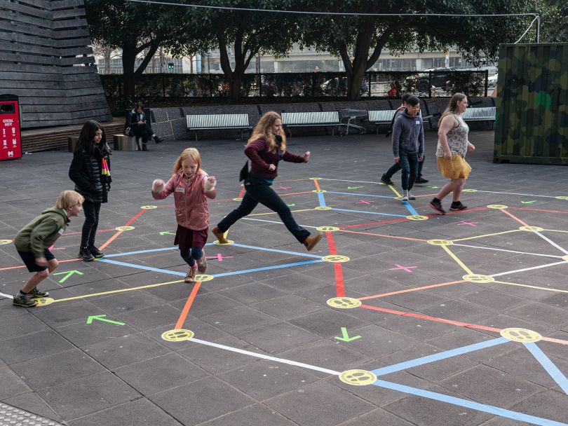 Street Tape Games – A playable art installation designed around social distancing rules, subverting the role of social-distancing tapes and rules to create a fun collaborative game. Submitted by Helen Kwok and Chad Toprak, 2020-21, Melbourne, Australia © Street Tape Games