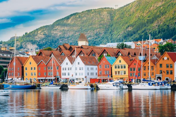 View of historical buildings in Bryggen-Hanseatic wharf in Bergen, Norway. Image licensed via Shutterstock