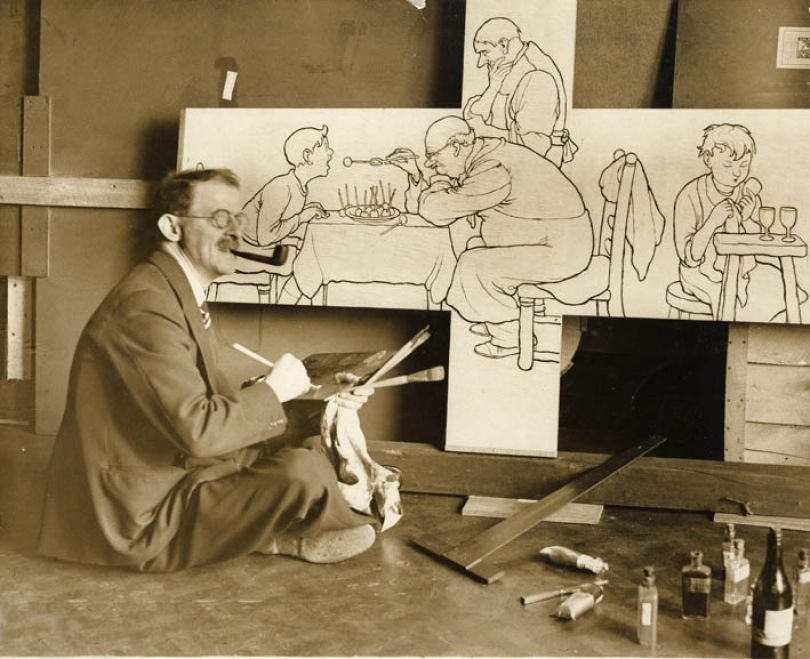Heath Robinson at work on one of the panels for the Empress of Britain cocktail bar, 1930/31.