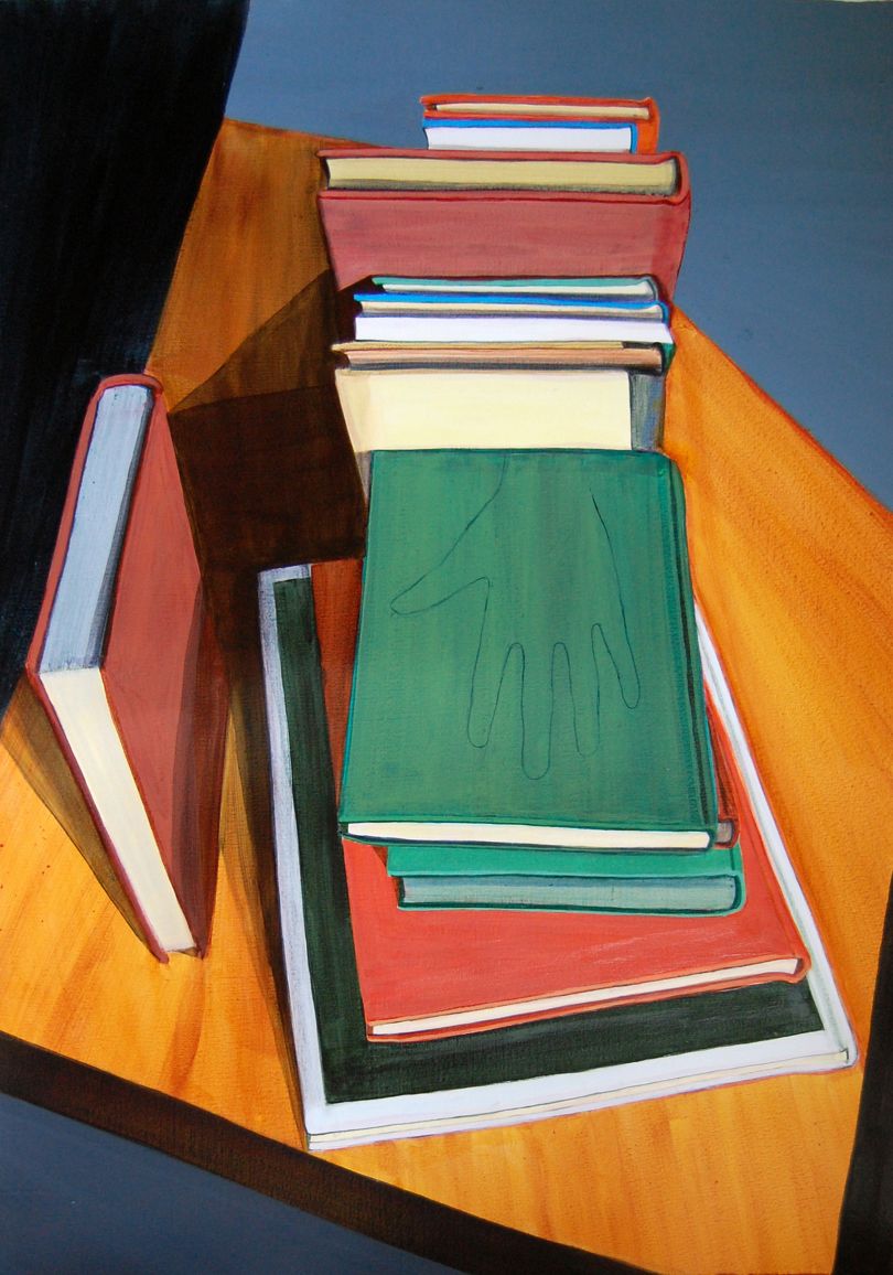 Bookish Art Acrylic paintings of jumbled books and drawers by Jordan
