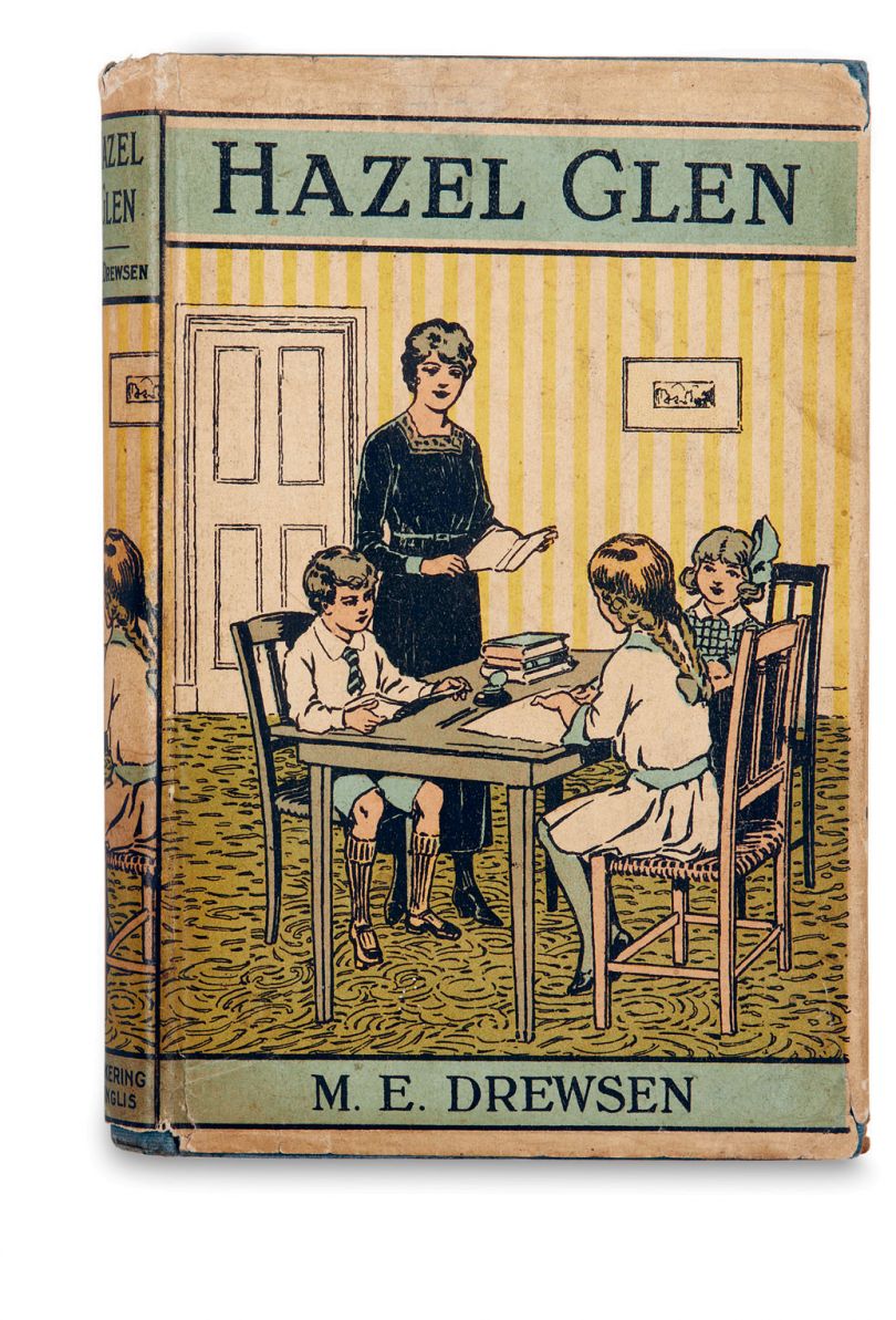 Unknown, Hazel Glen, M. E. Drewsen. Pickering & Inglis, undated. From the collection of Martin Salisbury. Photograph, Simon Pask. Although undated, this Excelsior Library edition for children was published before 1925 and is an early example of a coloured (letterpress line-block separations) narrative illustration as a promotional jacket. A section of image is extracted and repositioned on the spine. The artist is not credited.