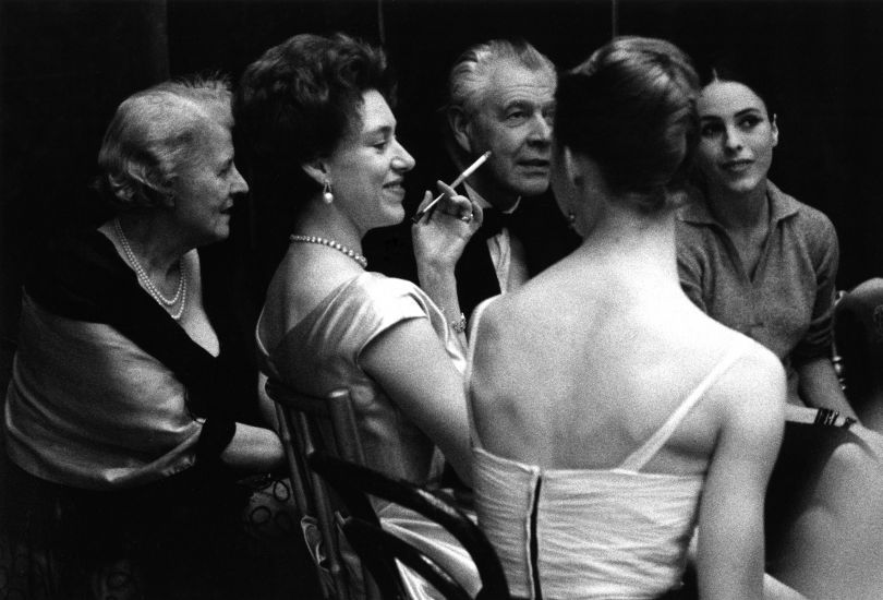 Princess Margaret (centre) at a party on stage at the Royal Opera House, with ballerinas Georgina Parkinson (facing camera) and Antoinette Sibley (back to camera), 1960s Copyright Colin Jones / Topfoto.co.uk