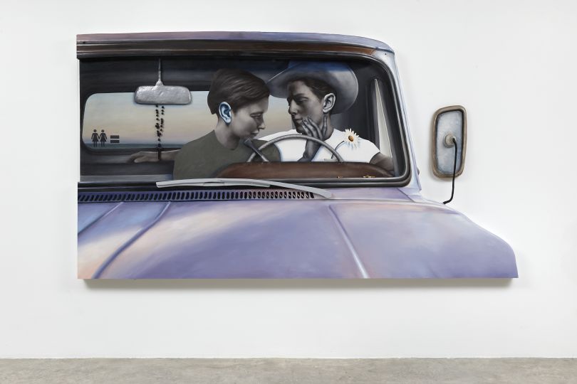 Chloe Chiasson, Blind Spots, 2022. Oil, acrylic, Plexiglas, resin, foam, wire, cigarette butts, canvas on shaped panel. 67 x 122 x 6 inches, 170 x 310 x 15 cm. Photo: Thomas Mueller
