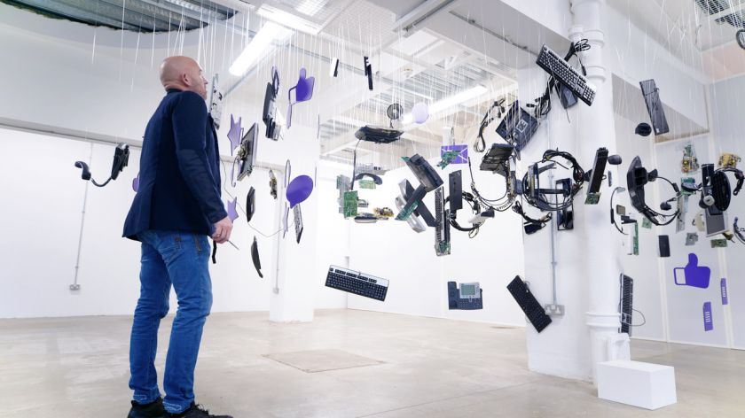 Artist Michael Murphy’s 3D hanging sculpture made of old tech reveals hidden meaning