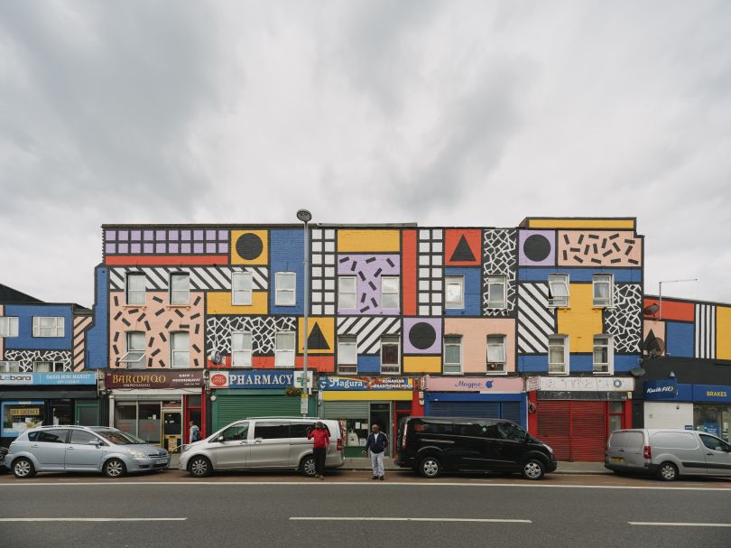 Walala Parade by Camille Walala in Leyton. Commissioned by Wood Street Walls. Photography by Tim Crocker