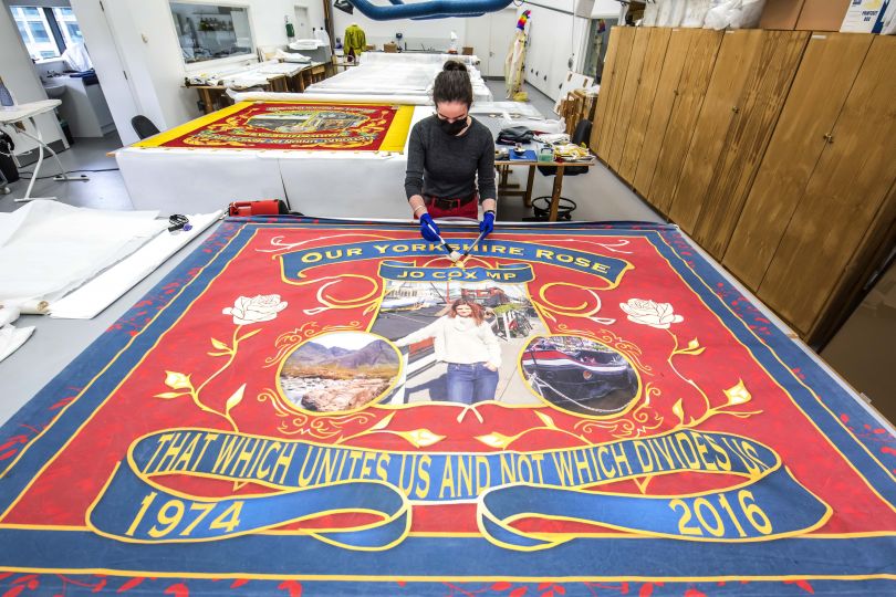 Our Yorkshire Rose banner, 2016. Courtesy of Jo Cox's family. More in Common - in memory of Jo Cox exhibition at People's History Museum. Taken in PHM's Conservation Studio