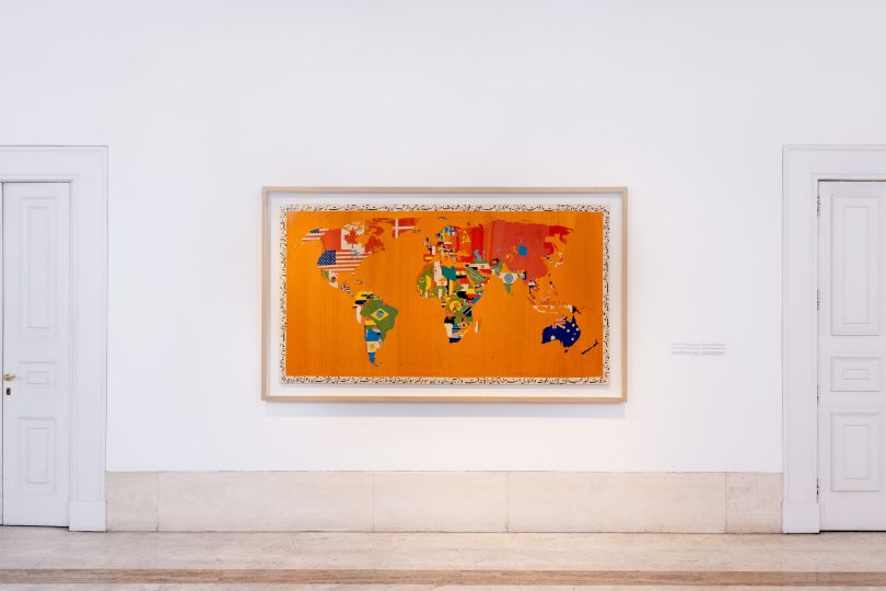 Alighiero Boetti (1940–1994), Mappa, 1993, embroidery, 117 x 216 cm (46 x 85 in.) Courtesy of Robilant+Voena