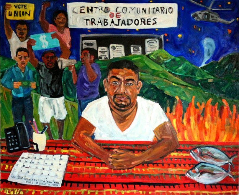 Adrian and the Centro Comunitario de Trabajadores, by Lelia Byron, oil on canvas, 168 x 137 cm, 2016.