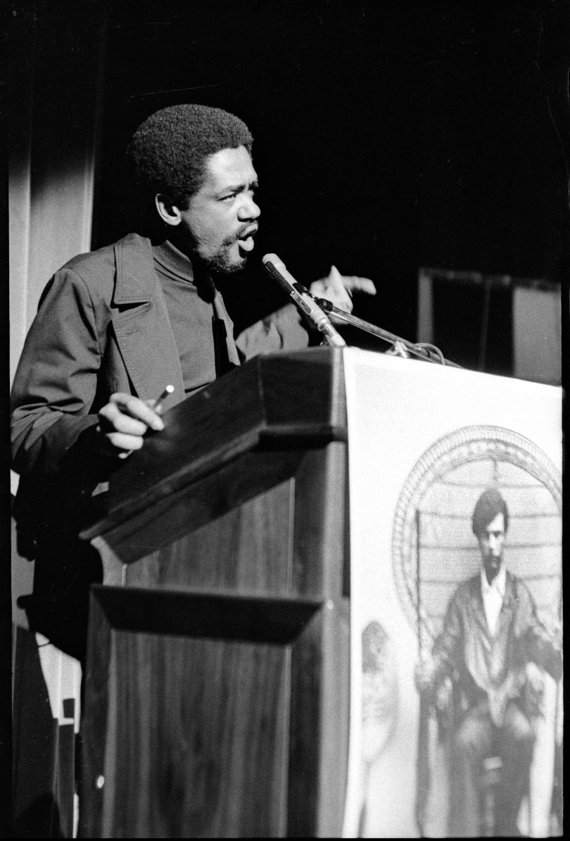 Bobby Seale, chairman of The Black Panther Party speaking at the United Front Against Fascism (UFAF) was an anti-fascist conference organized by the Black Panther Party and held in Oakland, CA, from July 18 to 21, 1969. From, “The Lost Negatives,” photographs by Jeffrey Henson Scales. Credit: Jeffrey Henson Scales