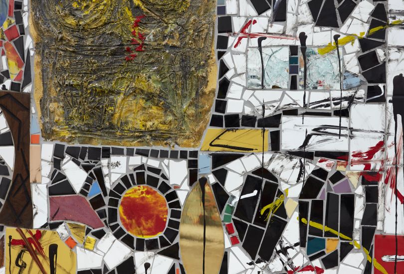 Rashid Johnson Broken Crowd (detail) 2020 Ceramic tile, mirror tile, spray enamel, oil stick, black soap, wax 240.7 x 403.9 x 3 cm Photo: Martin Parsekian