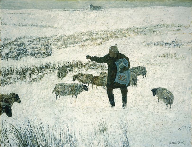 Sheep, Shepherdess and Harbour Craig, 1975 oil on board, 79 x 99 cm