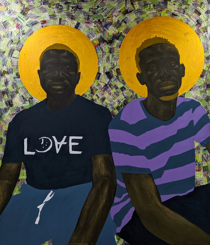 Papa and Joshua (2020), acrylic, oil and charcoal on canvas, 200cm x 180cm. Courtesy of the artist Collins Obijiaku and ADA \ contemporary art gallery