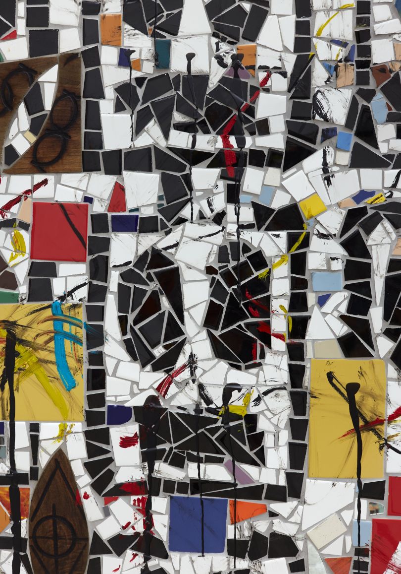 Rashid Johnson Broken Crowd (detail) 2020 Ceramic tile, mirror tile, spray enamel, oil stick, black soap, wax 240.7 x 403.9 x 3 cm Photo: Martin Parsekian