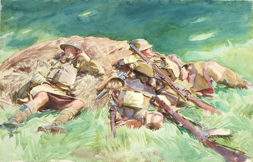 John Singer Sargent, Highlanders Resting at the Front, 1918, watercolour on paper, over preliminary pencil, 34.3 cm x 53.5 cm, © Fitzwilliam Museum, Cambridge