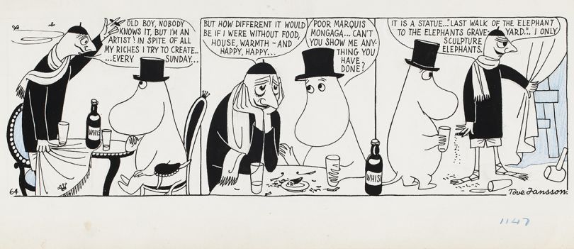 Tove Jansson, Comic strip Moomin on the Riviera, 1955, British Cartoon Archive, University of Kent. Photo: Finnish National Gallery / Jenni Nurminen