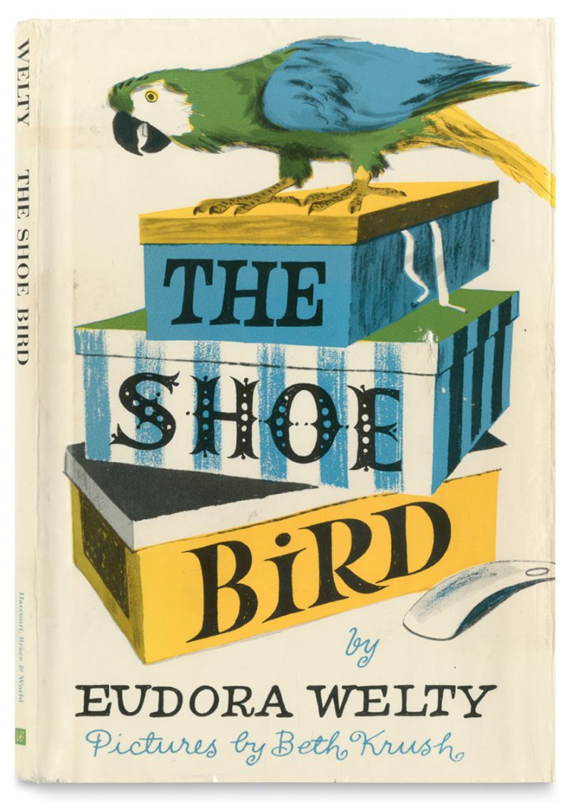Beth Krush, The Shoe Bird, Eudora Welty. Harcourt, Brace and World, New York, 1964. Photo courtesy Bill Wickham/Wickham Books South, Naples, FL. Eudora Welty’s only book written specifically for children was illustrated throughout by Beth Krush, who also designed the jacket. The use of overprinting to maximise colour separations and the cleverly integrated titles make this a particularly pleasing design.