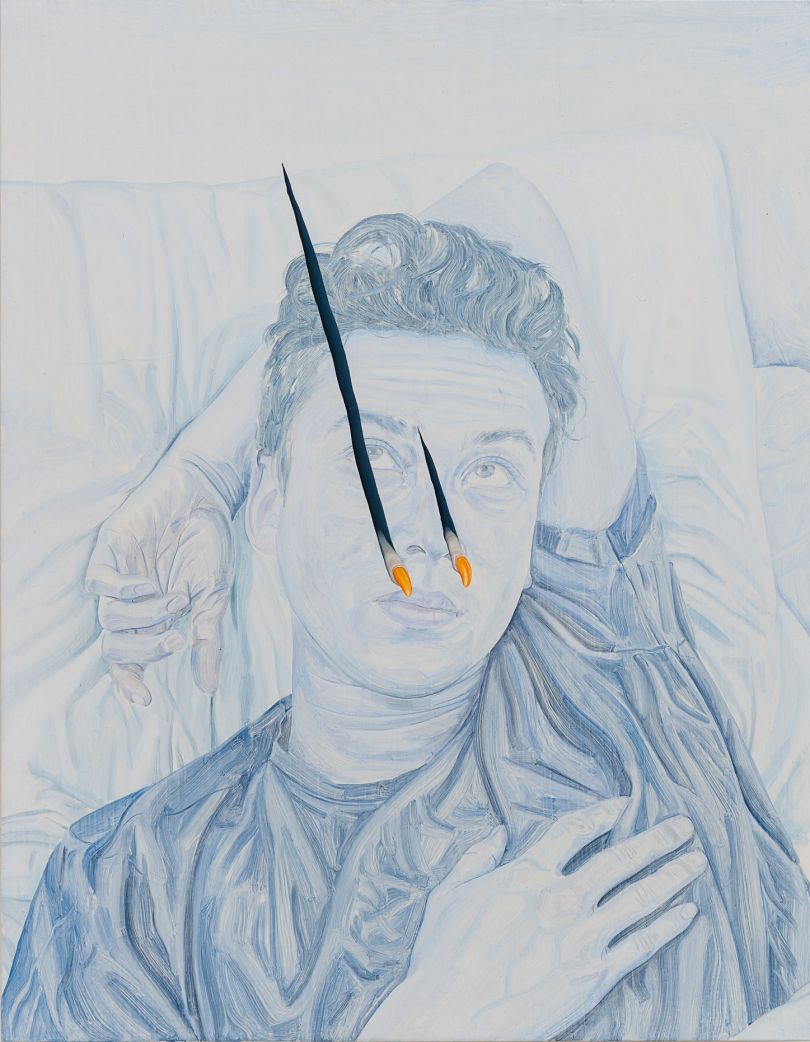 Flimsy Film, Pierced Image - A Portrait Painting of My Friend Alex as a Retinal Stain Being Pierced by Two Fingers or Claws, 2018 © Tristan Pigott