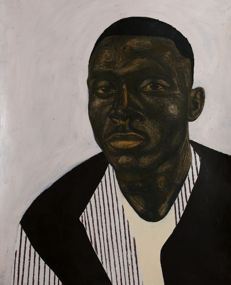 Stripe Jacket (2020), acrylic, oil and charcoal on paper, 100cm x 80cm. Courtesy of the artist Collins Obijiaku and ADA \ contemporary art gallery