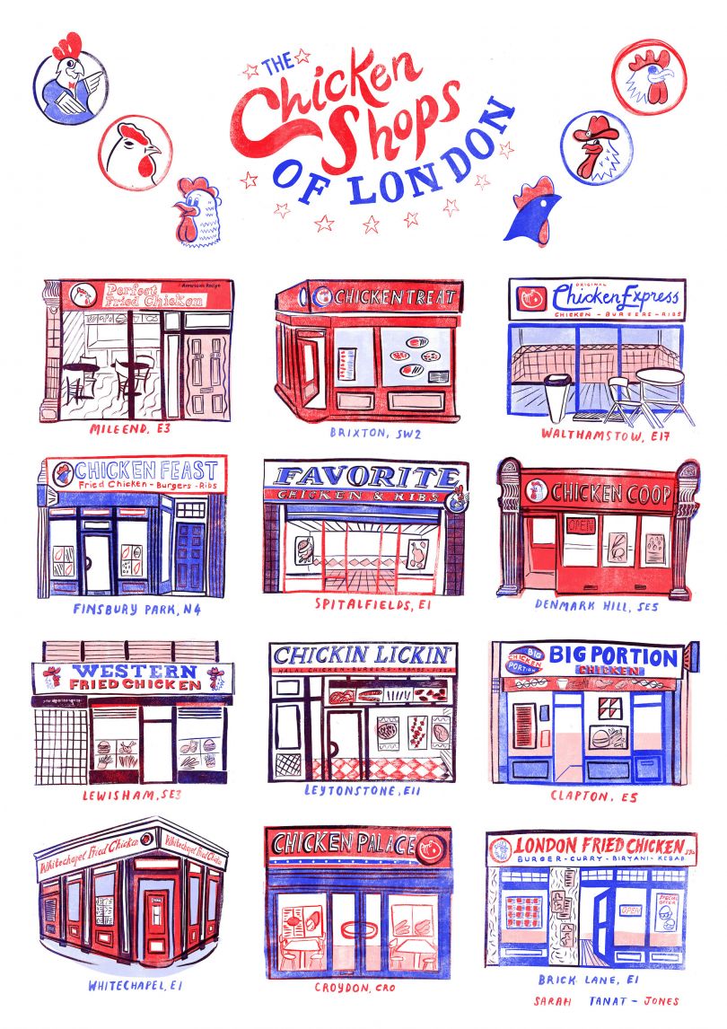 The final image by Sarah Tanat-Jones, depicting a range of real-life chicken takeaways across the UK capital