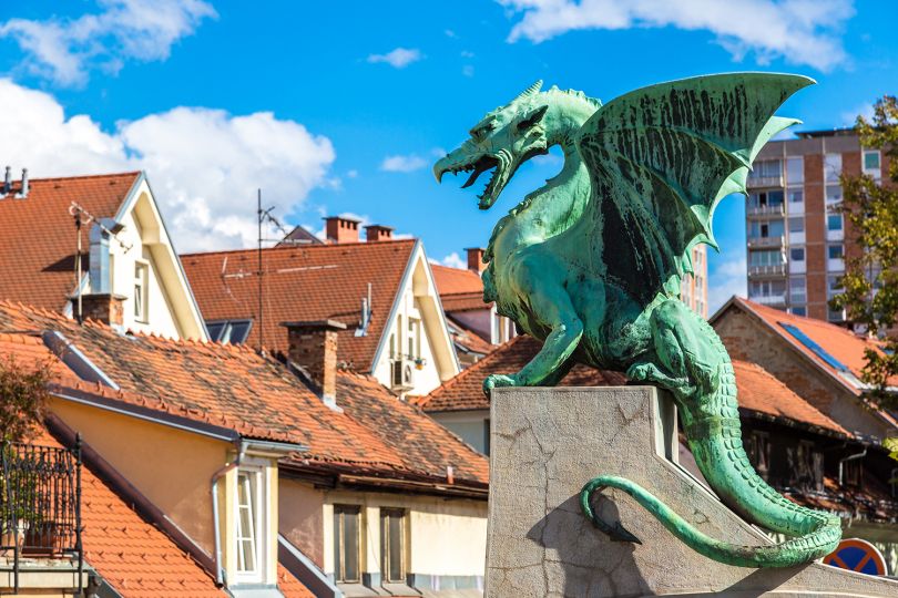 Famous Ljubljana Green dragon at Dragon Bridge, Slovenia. Image licensed via Adobe Stock