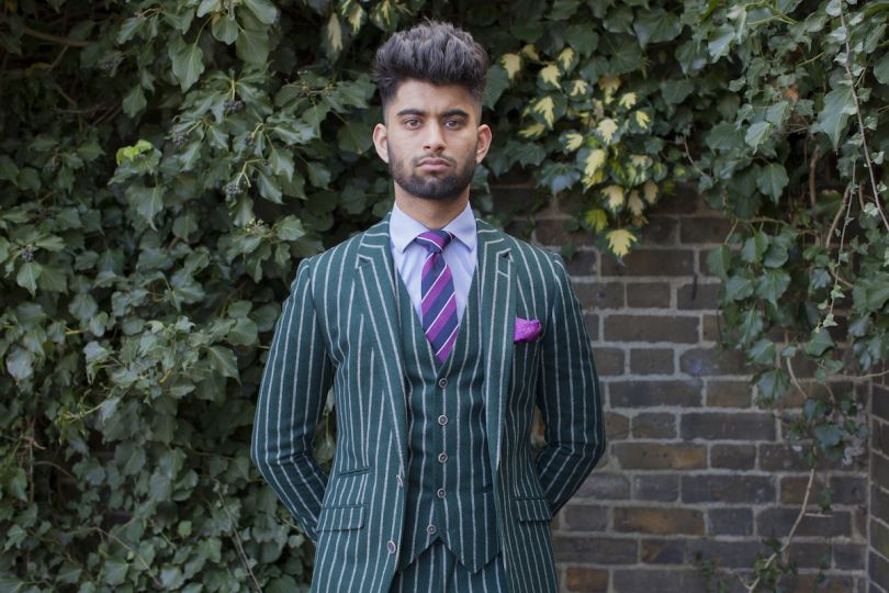 Mahtab Hussain Green chalk strip suit  from the series You Get Me? 2017 Courtesy of the artist