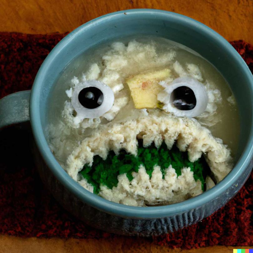 A bowl of soup that looks like a monster knitted out of wool © DALL-E 2