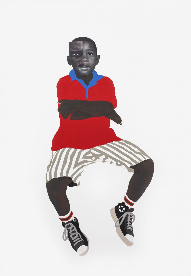 Deborah Roberts, ‘King me’, 2019. Mixed media collage on canvas, 165 x 114.3cm (65 x 45in). Copyright Deborah Roberts. Courtesy the artist and Stephen Friedman Gallery, London
